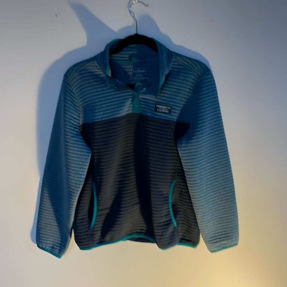L.L. Bean Teal and Dark Blue Striped Fleece Pullover Jacket
